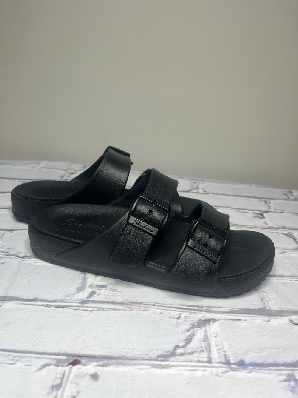 Skechers Black Slide Sandals with Buckle Detail